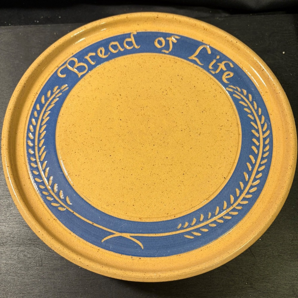Vintage Koinonia Pottery Bread of Life Stoneware Plate Yellow Blue Wheat 10.25"